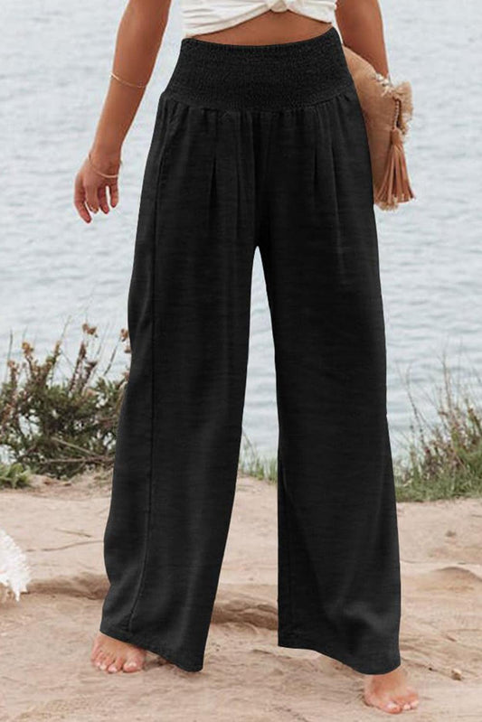 Black Shirred High Waist Plus Size Wide Leg Pants - L & M Kee, LLC