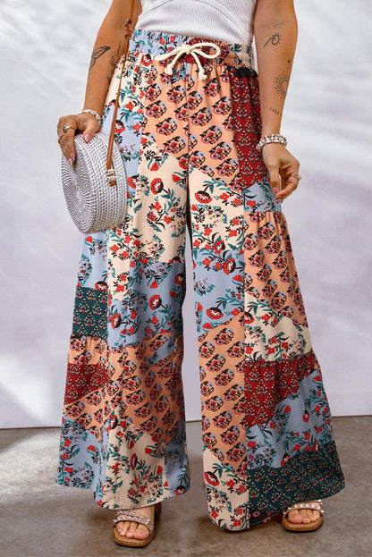 Multicolor Boho Patchwork Print Drawstring Wide Leg Pants - L & M Kee, LLC