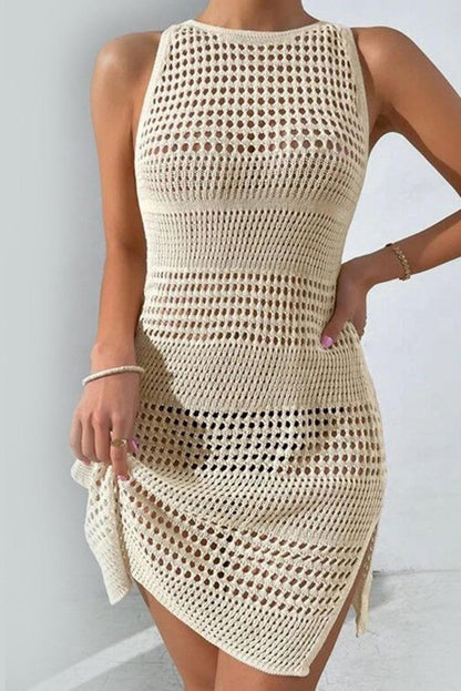 Beige Sexy Open Back Hollowed Knit Sleeveless Beach Dress - L & M Kee, LLC