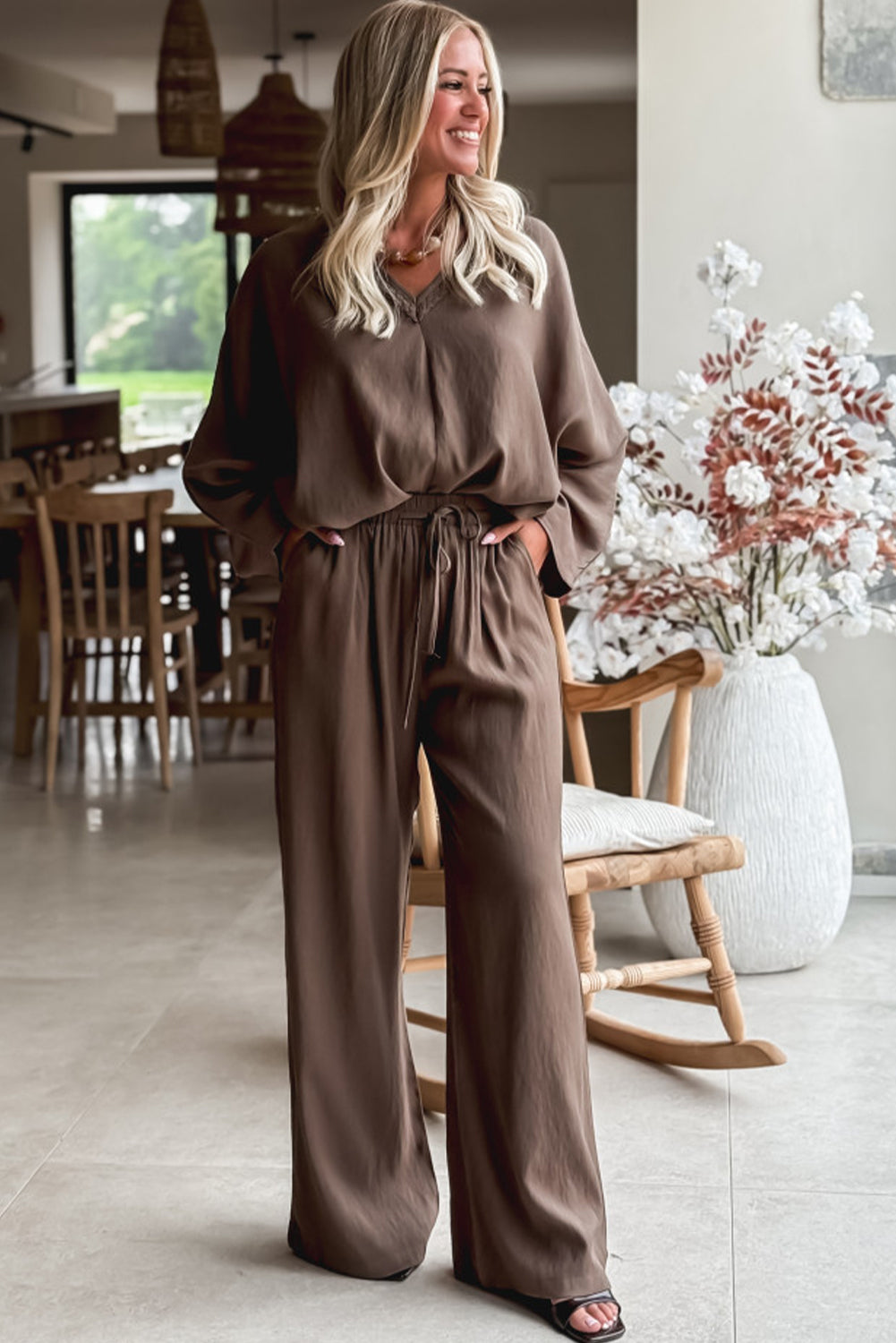 Dark Brown Braided V Neck Long Sleeve Loose Top and Drawstring High Waist Pants 2pcs Outfit