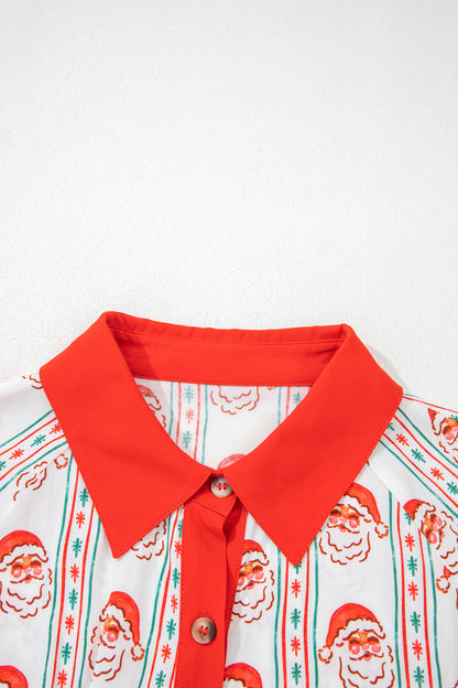 White Father Christmas Contrast Collar Button Front Long Sleeve A-line Mini Dress