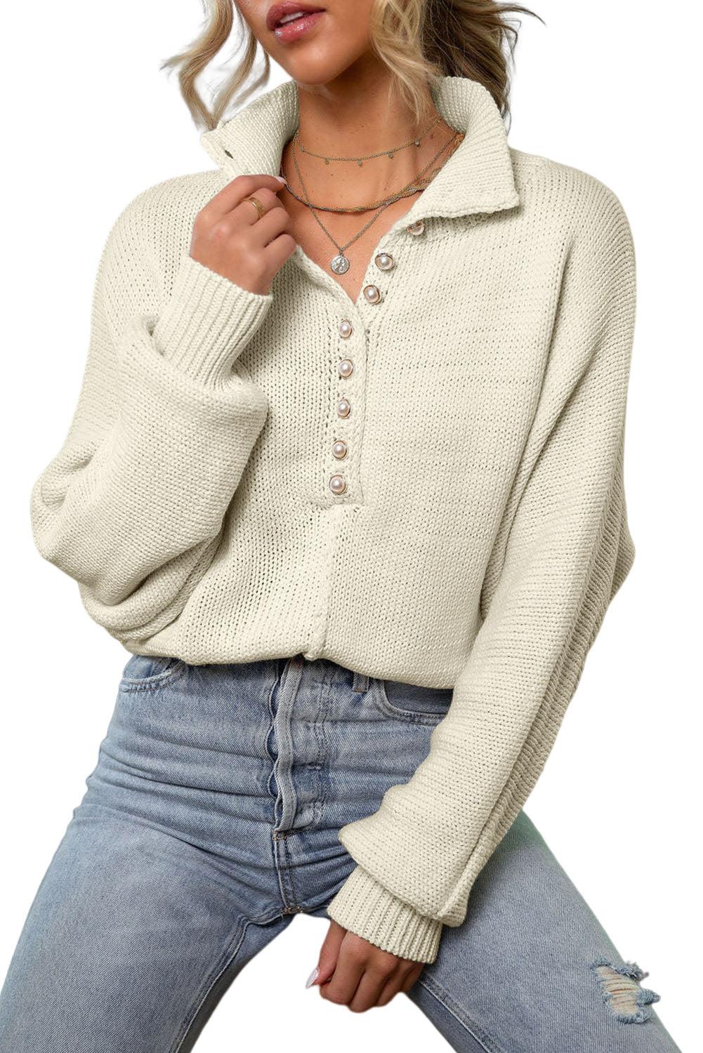 Beige Pearl Button Stand Collar Dolman Sleeve Sweater - L & M Kee, LLC