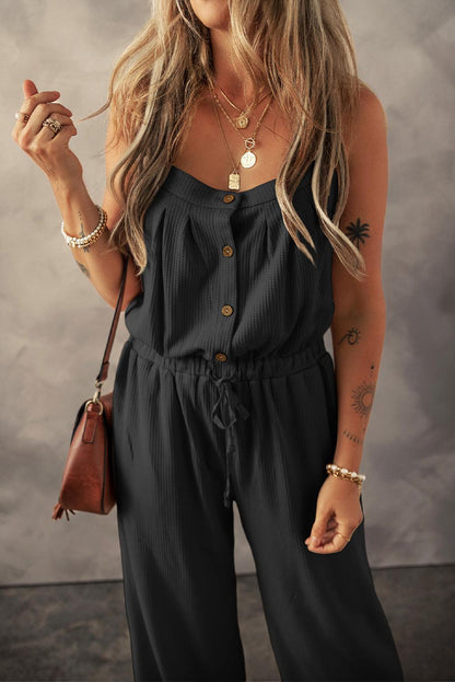 Black Knotted Straps Button Textured Drawstring Jumpsuit - L & M Kee, LLC