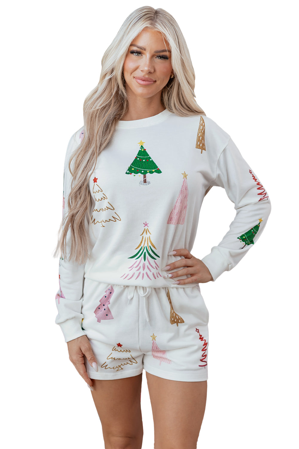 White Stripe Multi Christmas Tree Long Sleeve Top and Shorts 2pcs Lounge Set