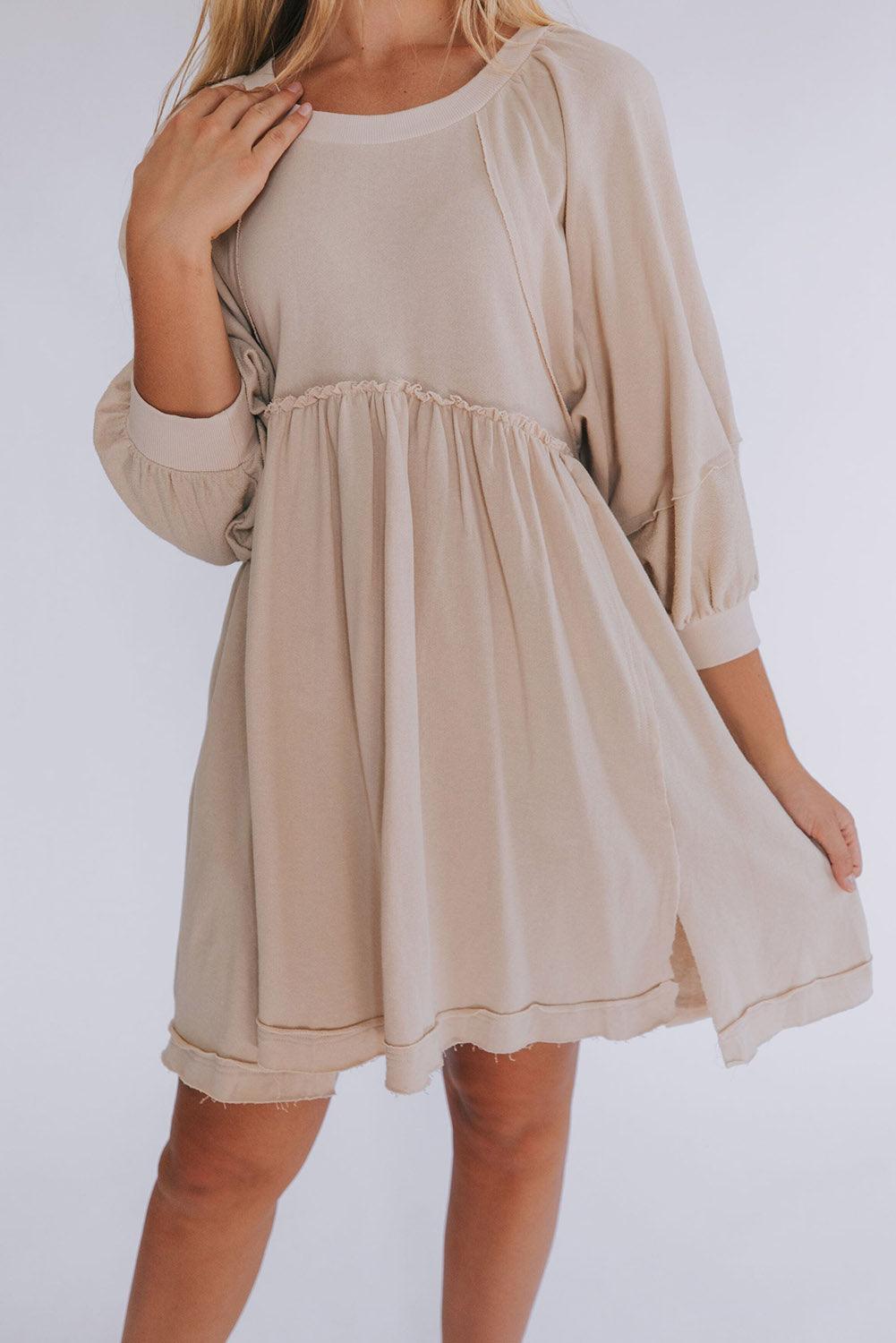 Oatmeal 3/4 Sleeves High Waist Slits Mini Dress - L & M Kee, LLC