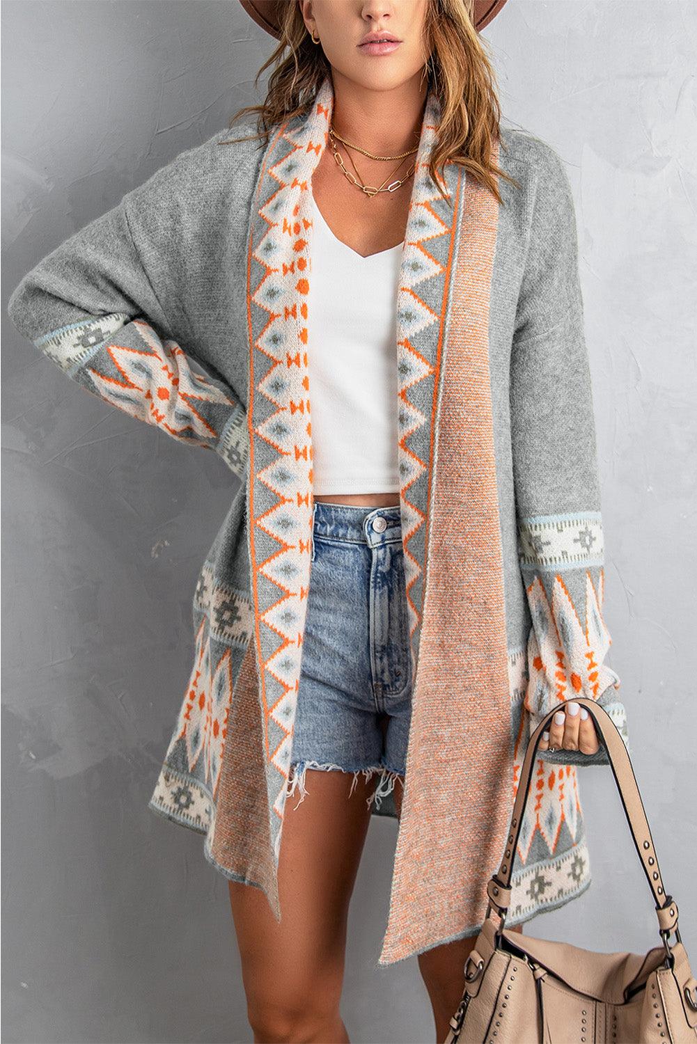 Gray Aztec Print Open Front Knitted Cardigan - L & M Kee, LLC