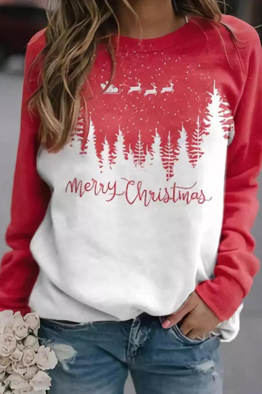 Red Merry Christmas Reindeer Tree Graphic Pullover Sweatshirt - L & M Kee, LLC