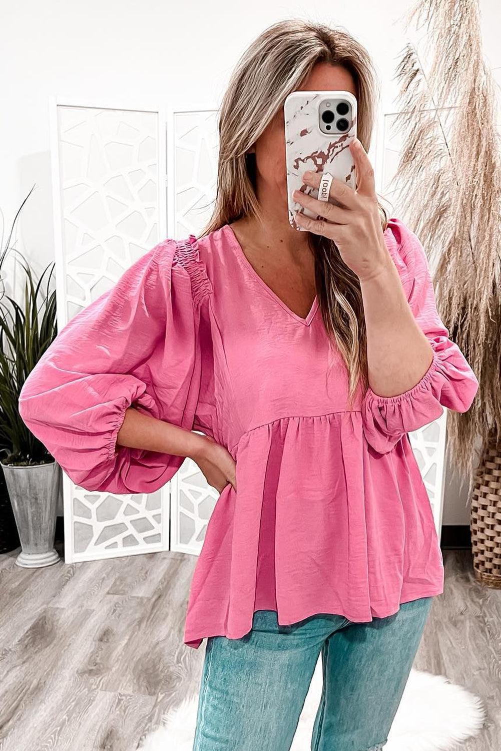 Pink Frilled V Neck Puff Sleeve Babydoll Blouse - L & M Kee, LLC