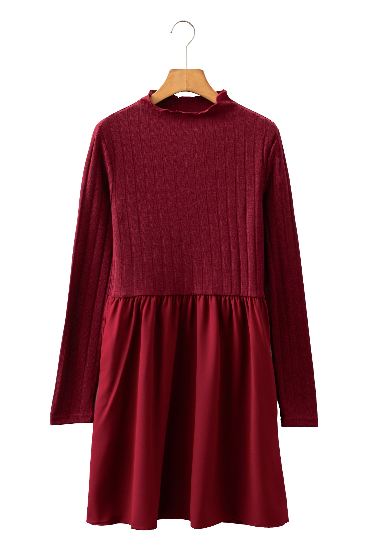 Red Dahlia Frilled Neck Ribbed Knit Patchwork Long Sleeve Mini Dress