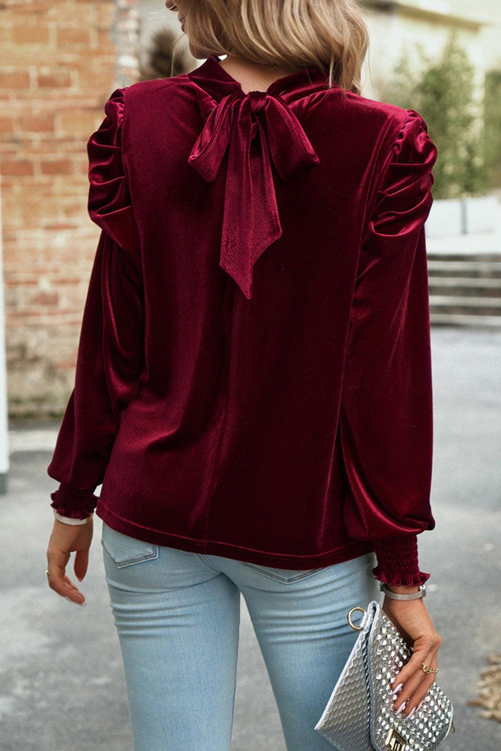 Fiery Red Mock Neck Puff Sleeve Velvet Blouse - L & M Kee, LLC