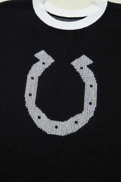 Black Horse Shoe Pattern Contrast Trim Short Sleeve Sweater