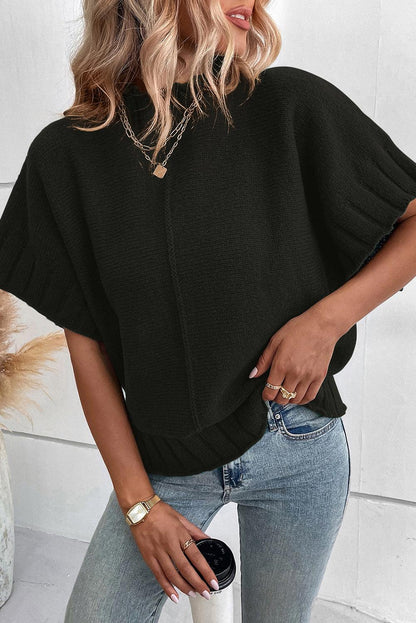 Black Mock Neck Batwing Short Sleeve Knit Sweater - L & M Kee, LLC