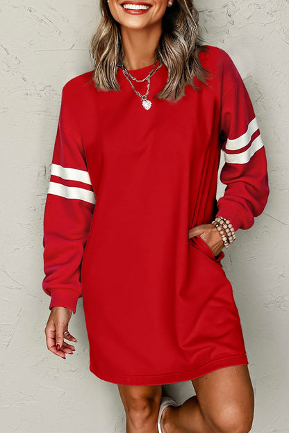 Fiery Red Varsity Contrast Banded Sleeve Shift Sweatshirt Dress