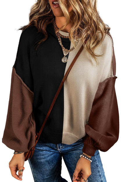 Chicory Coffee Color Block Exposed Seam Loose Fit Sweater - L & M Kee, LLC