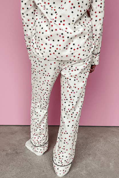 White Contrast Pipping Star Long Sleeve and Pants Pajamas Set - L & M Kee, LLC