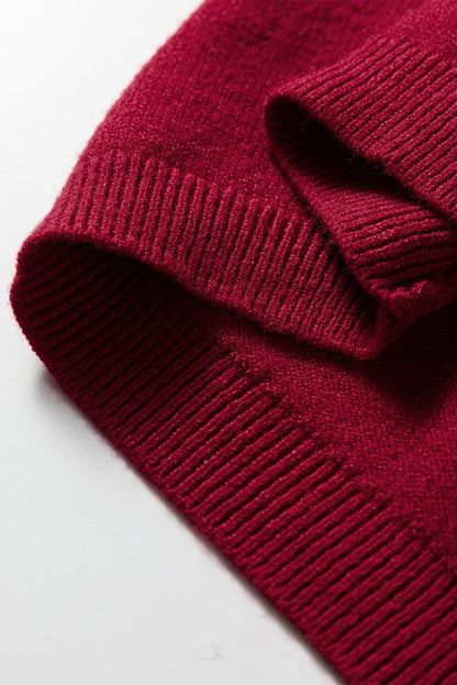 Racing Red Solid Color Crew Neck Knit Cap Sleeve Sweater