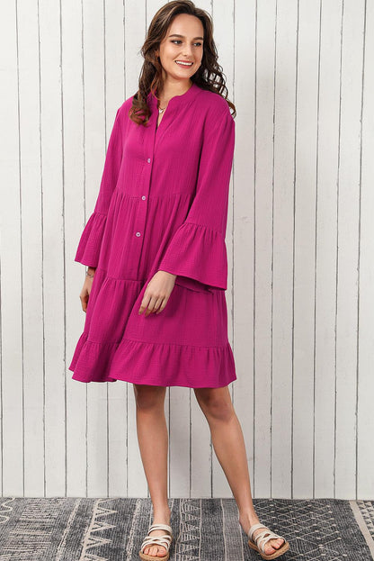 Crinkled Tiered Split Neck Shirt Dress - L & M Kee, LLC