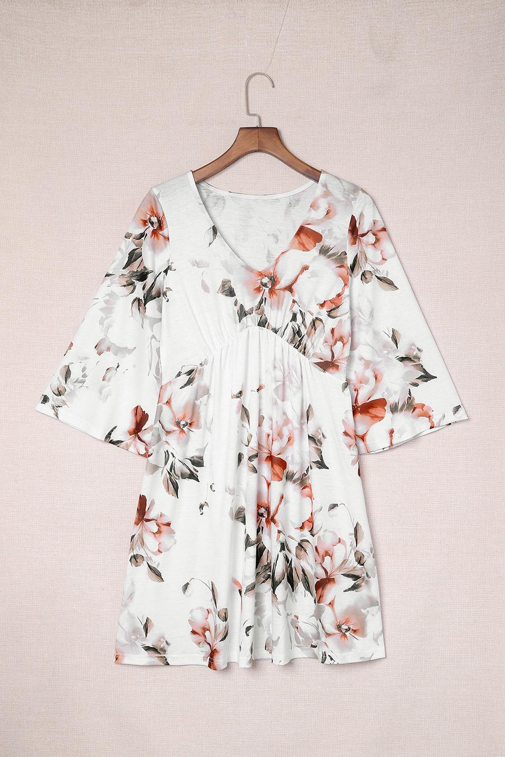 V Neck 3/4 Sleeve Floral Dress - L & M Kee, LLC