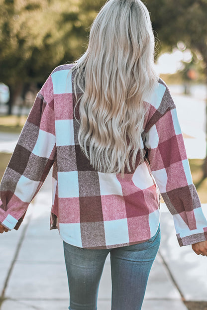 Pink Plaid Color Block Buttoned Long Sleeve Jacket with Pocket