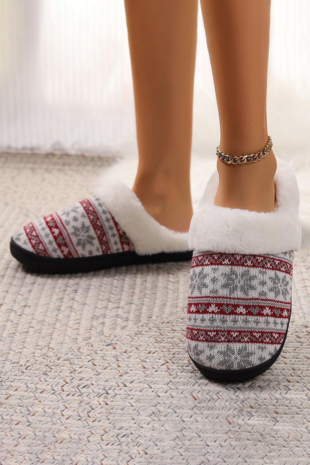 White Snowflake Pattern Knitted Plush Home Slippers - L & M Kee, LLC