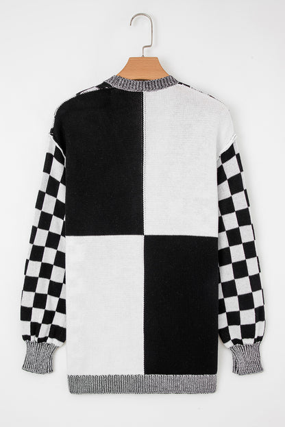 Black Checkered Open Front Drop Shoulder Cardigan
