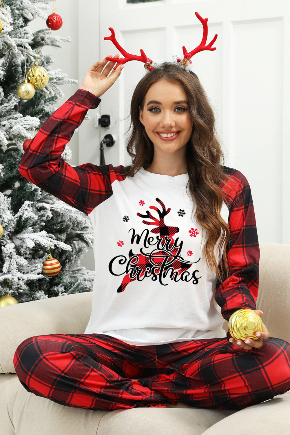 Fiery Red Christmas Plaid Reindeer Graphic Long Sleeve Lounge Set