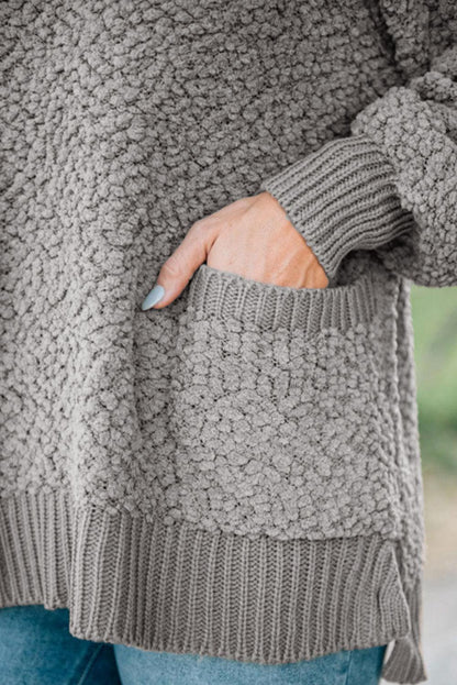 Gray Double Pockets Ribbed Trim Popcorn Knit Sweater - L & M Kee, LLC