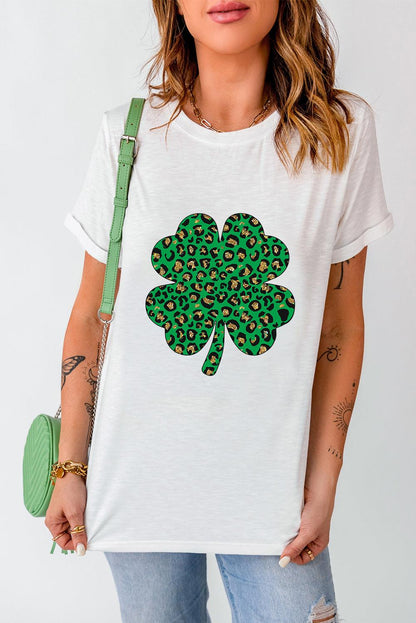 White Leopard Four Leaf Clover Graphic Tee - L & M Kee, LLC