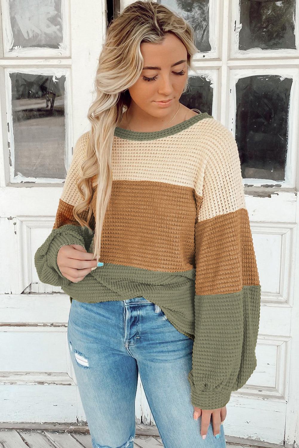 Green Stripe Textured Color Block Bubble Sleeve Baggy Top - L & M Kee, LLC