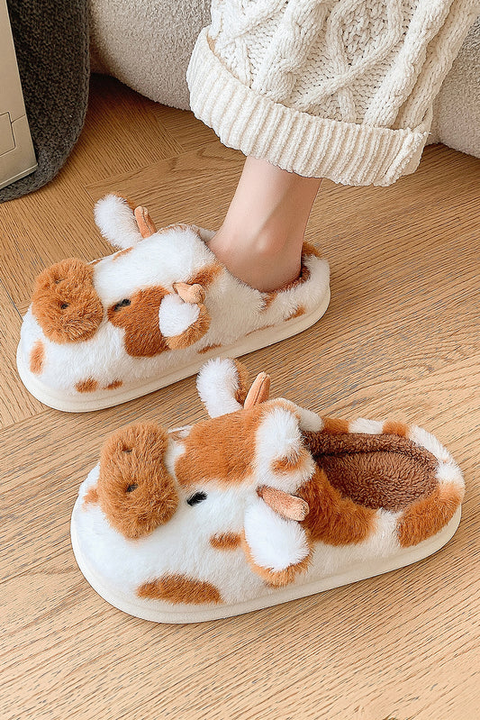 Coffee Plush Cartoon Cow Thermal Home Slippers