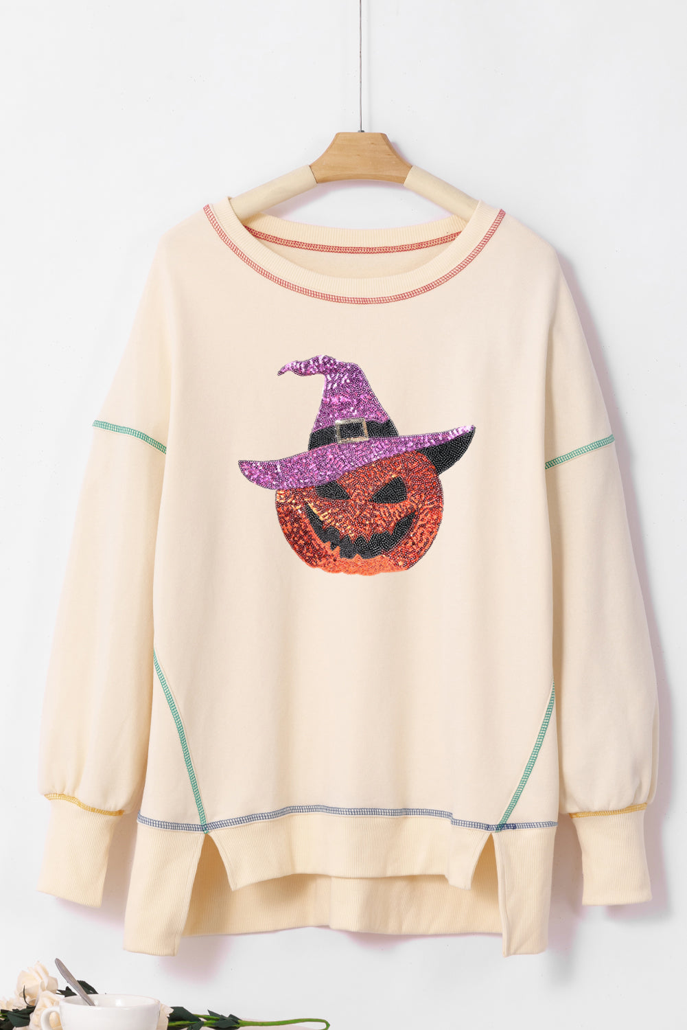 Black Glittering Pumpkin Wizard Graphic Exposed Seam Side Split Halloween Sweatshirt