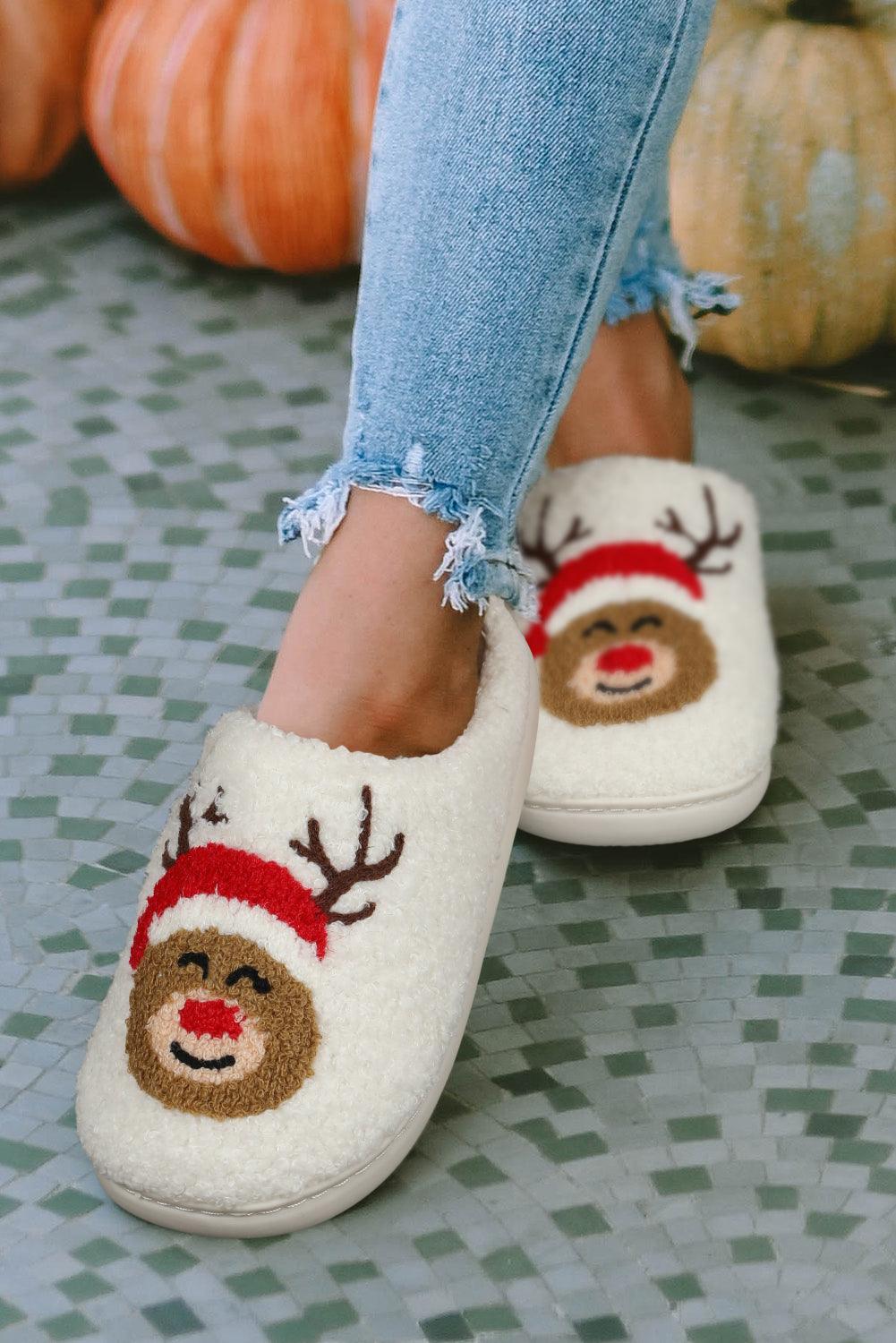 White Christmas Deer Home Indoor Plush Slippers - L & M Kee, LLC