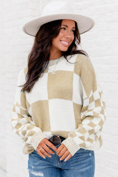 Flaxen Checkered Print Drop Shoulder Sweater - L & M Kee, LLC