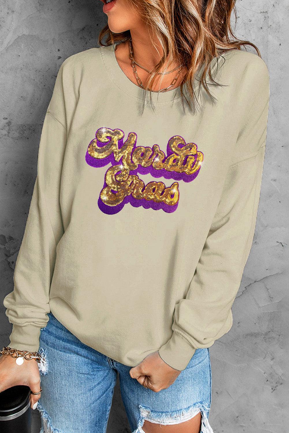 Khaki Mardi Gras Sequin Embroidered Patch Sweatshirt - L & M Kee, LLC