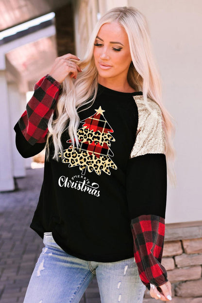 Black Christmas Tree Plaid Print Sequin Patch T Shirt - L & M Kee, LLC