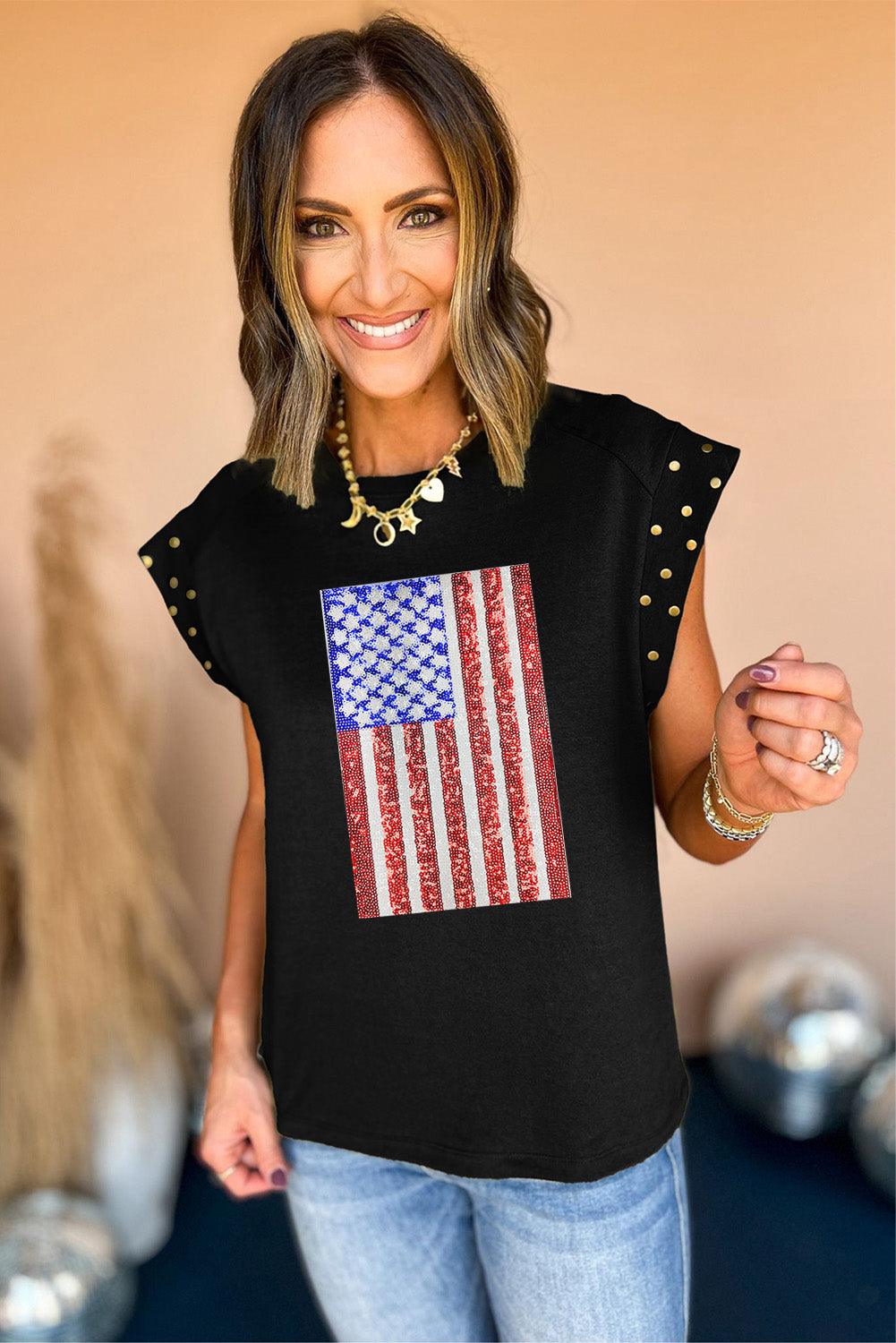 Black Sequined American Flag Graphic Studded Cap Sleeve T Shirt