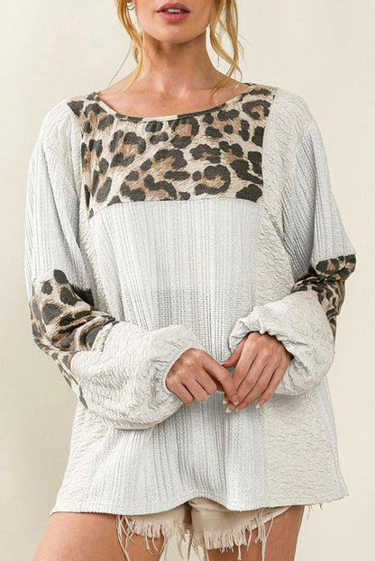 White Leopard Patch Puff Sleeve Textured Blouse - L & M Kee, LLC
