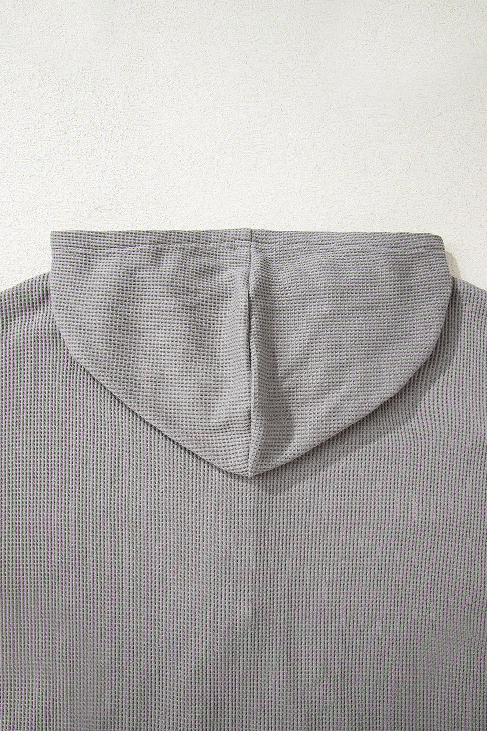 Gray Waffle Printed Patchwork Drawstring Hooded Long Sleeve Top