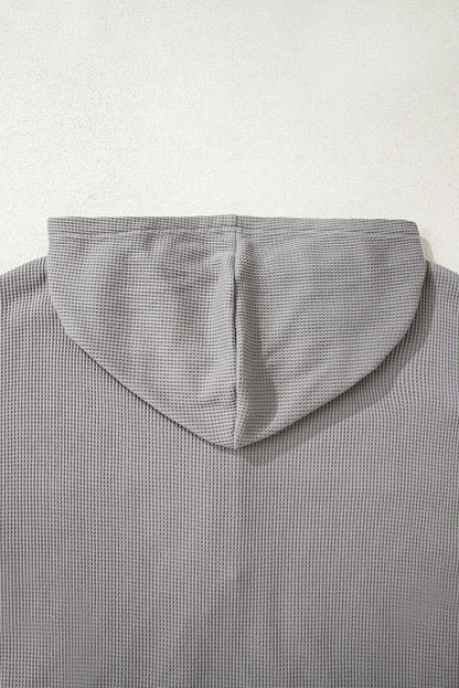 Gray Waffle Printed Patchwork Drawstring Hooded Long Sleeve Top