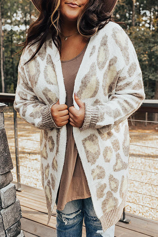 Beige Plus Size Leopard Pattern Cardigan - L & M Kee, LLC