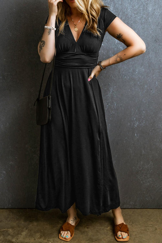 Black Short Sleeve Shirred High Waist V Neck Maxi Dress - L & M Kee, LLC