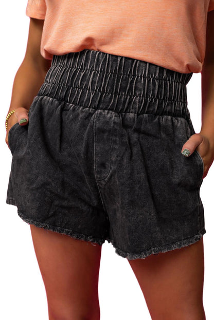 Black Smocked High Waist Mineral Washed Jean Shorts - L & M Kee, LLC