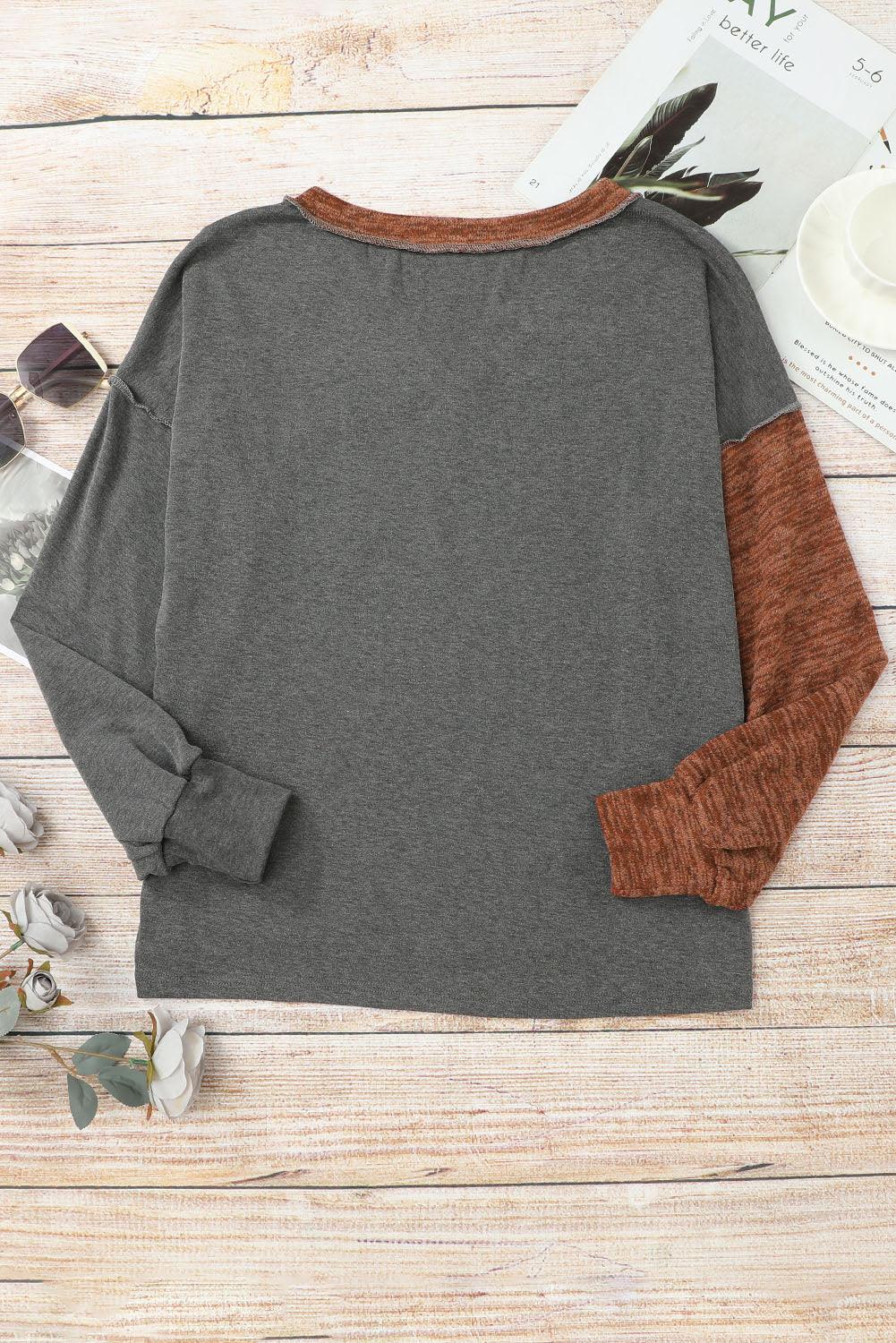 Brown V Neck Color Block Patchwork Loose Pullover - L & M Kee, LLC