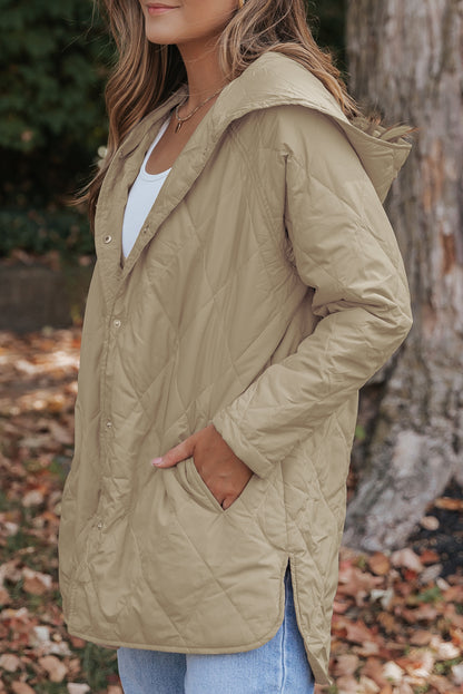 Khaki Quilted Snap Button Hooded Puffer Coat