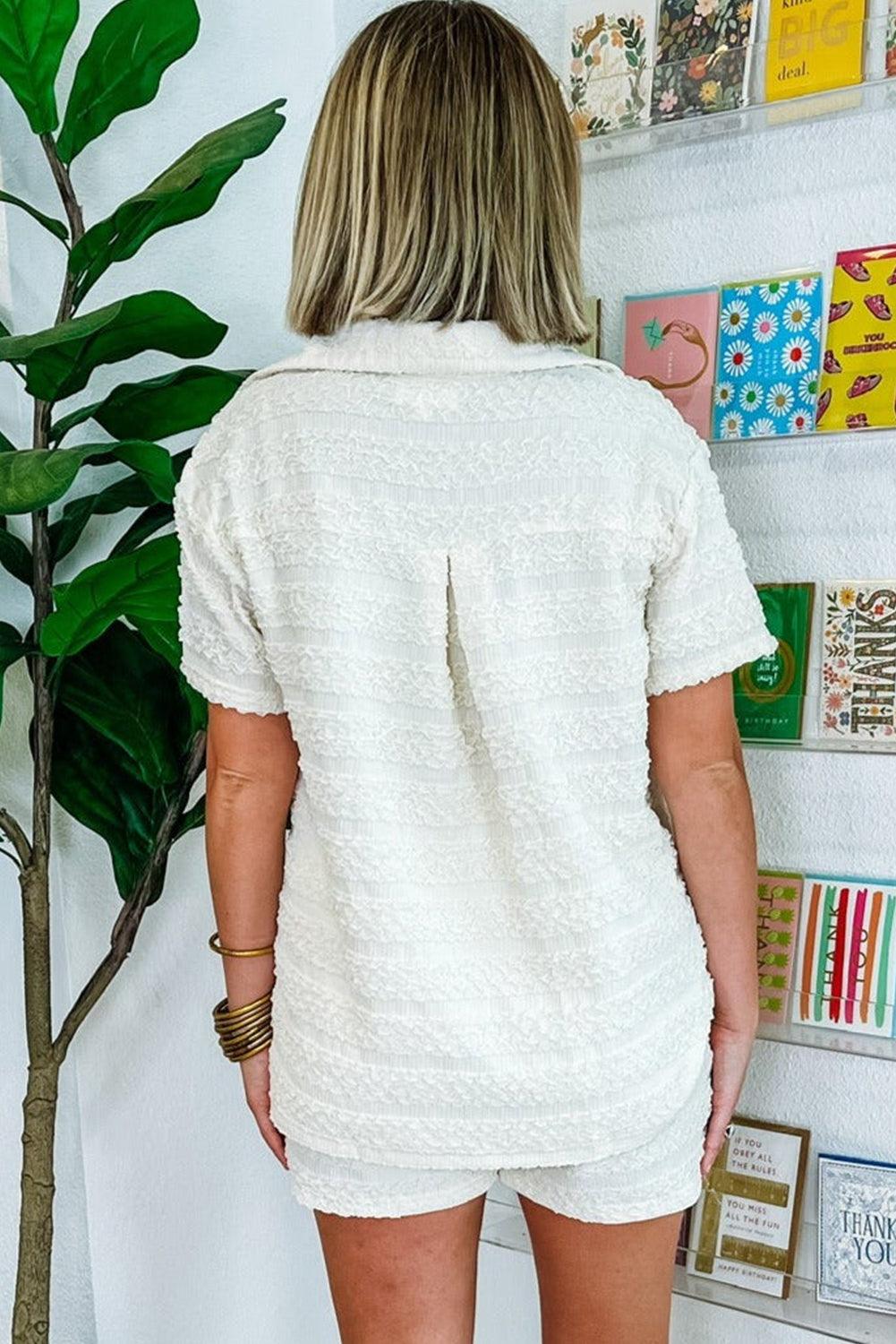 White Textured Stripes Short Sleeve Shirts and Shorts Set - L & M Kee, LLC