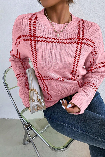 Pink Plaid Pattern Knitted Drop Shoulder Sweater