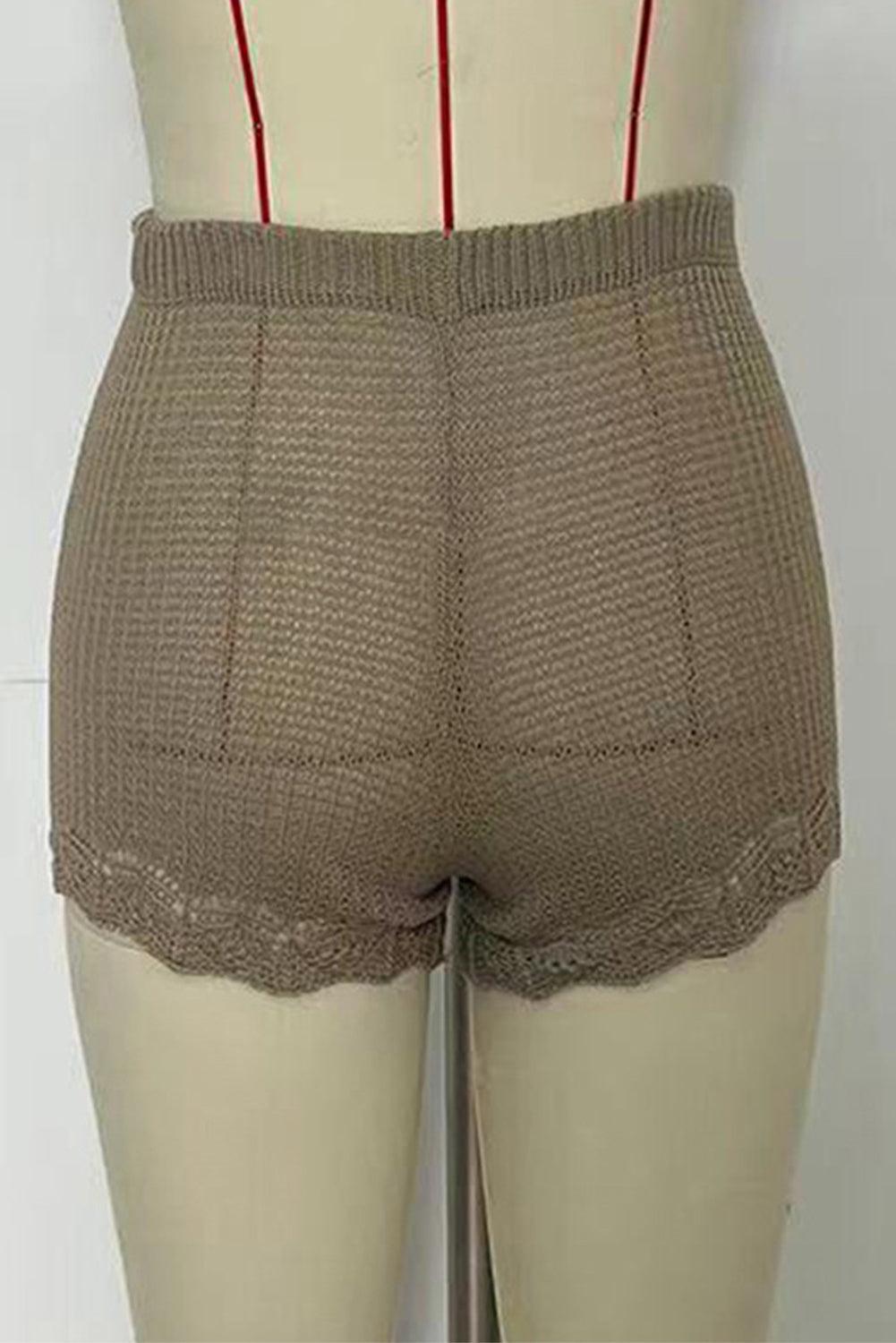 Pale Khaki Crochet Trim Knitted Beach Shorts - L & M Kee, LLC