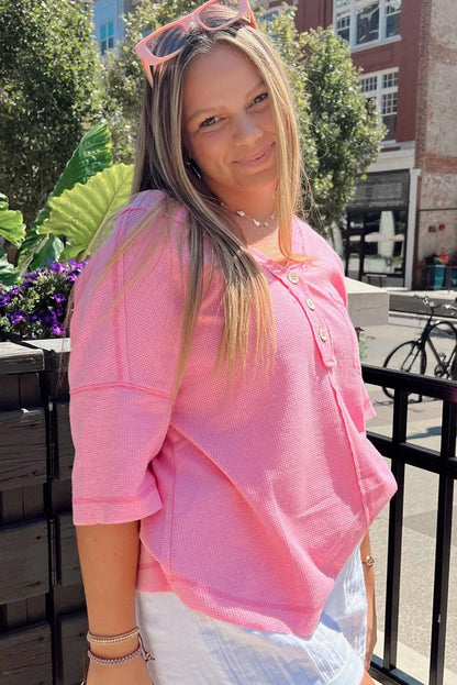 Pink Plus Size Waffle Knit Exposed Seam V Neck Henley T-shirt - L & M Kee, LLC