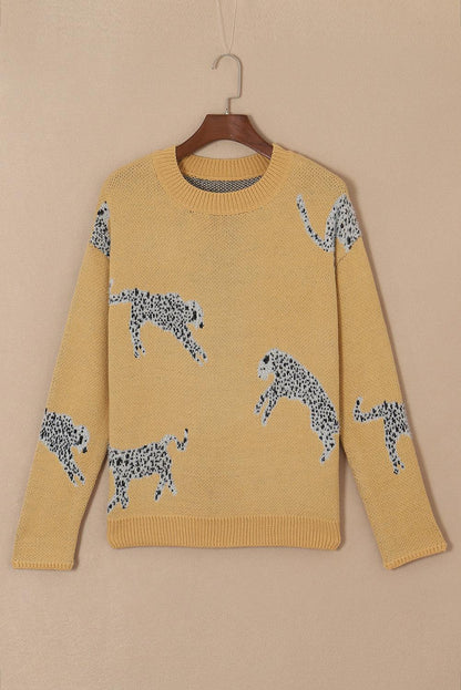 Camel Fuzzy Cheetah Accent Round Neck Sweater - L & M Kee, LLC