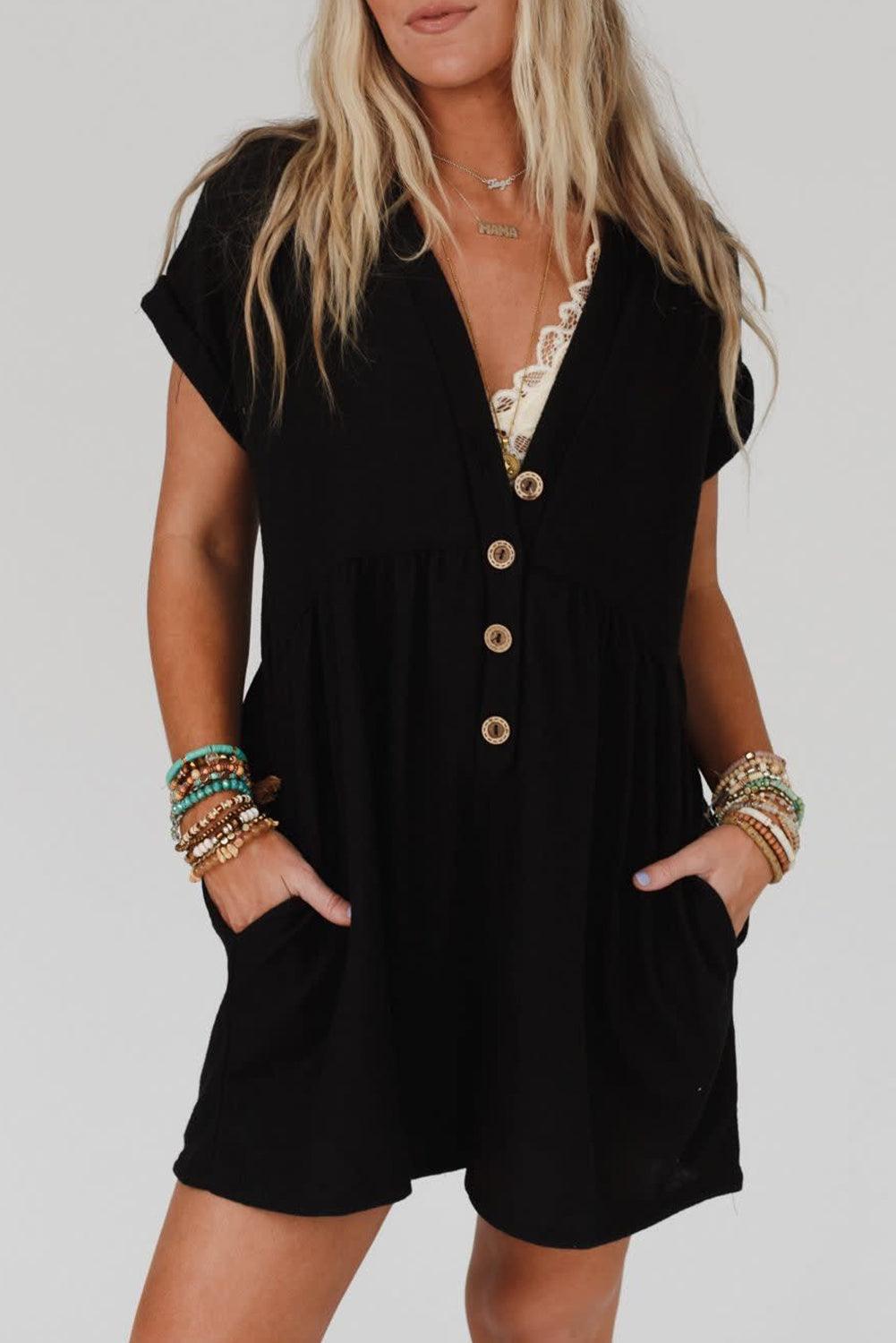 Black V Neck Buttons Loose Cuffed Short Sleeve Romper - L & M Kee, LLC